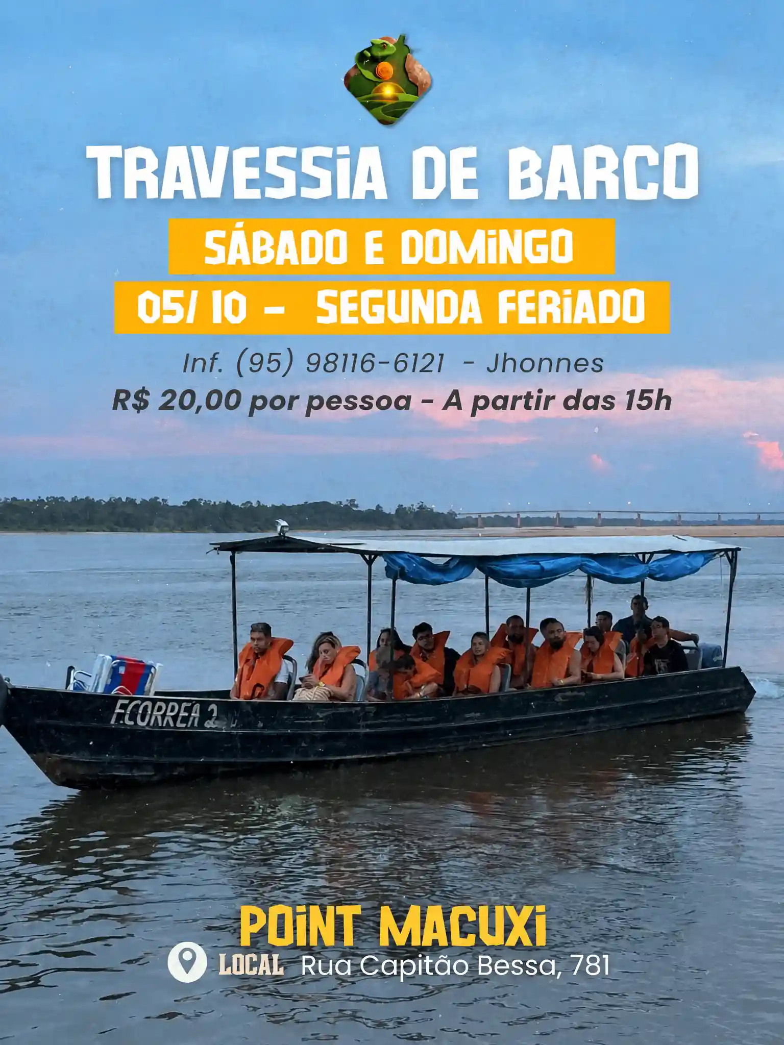 Travessia de barco para o outro lado do Rio Branco